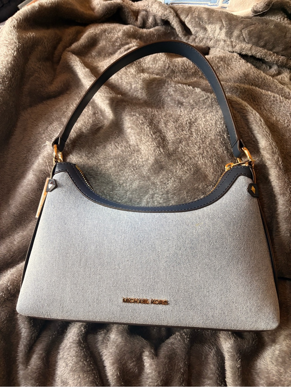 Michael Kors Light Blue Shoulder Bag with Dark Blue Trim and Gold Hardware